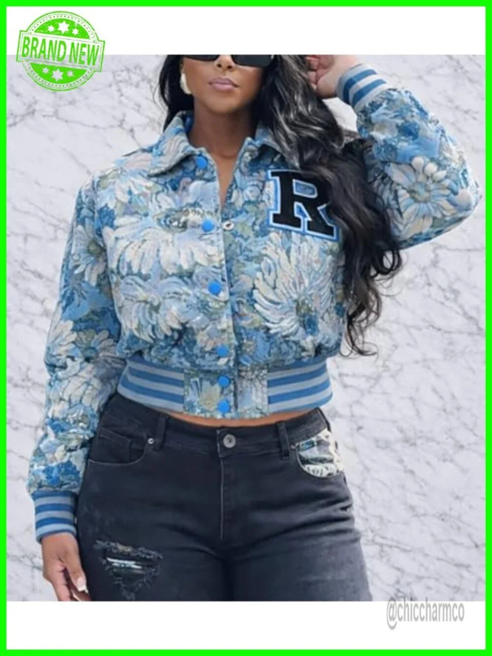 Cropped Bomber Jacket Women Floral Textured Varsity Letter Patch Snap Button